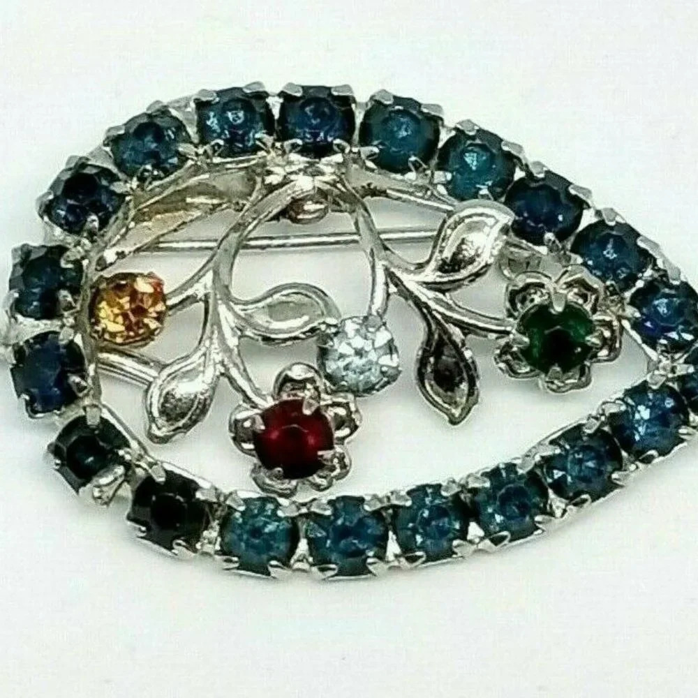 Multi-Color Rhinestone Birthstone Flower Leaf Pin